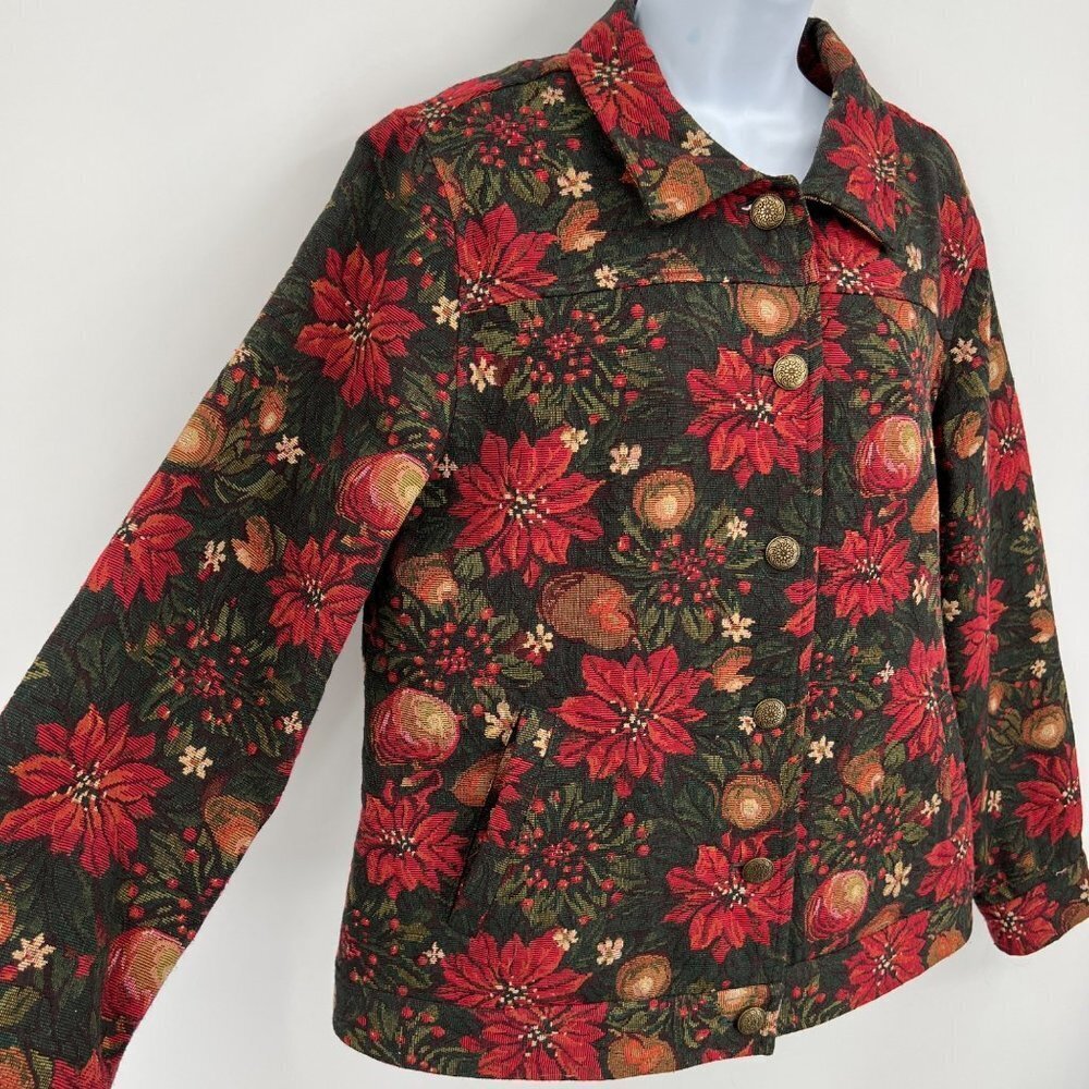 Vintage Tapestry Trucker Jacket Poinsettia Christmas Holiday Size PL Grandmacore - Picture 3 of 8